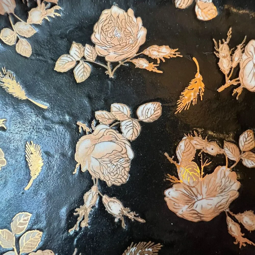 VTG Chinoiserie Polychrome Black‎ Gold Gilt Rose Floral Porcelain Platter Large